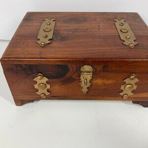 Vintage Wood Cedar Jewelry Trinket Chest Box Art Deco Footed Silhouette Brass